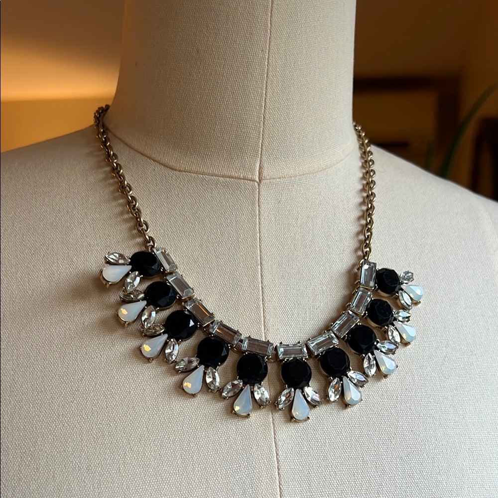 J Crew Black, Crystal and Moonstone Statement Necklace, gold chain